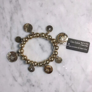 Sand Dollar and Rhinestones Gold Tone Stretch Charm Bracelet